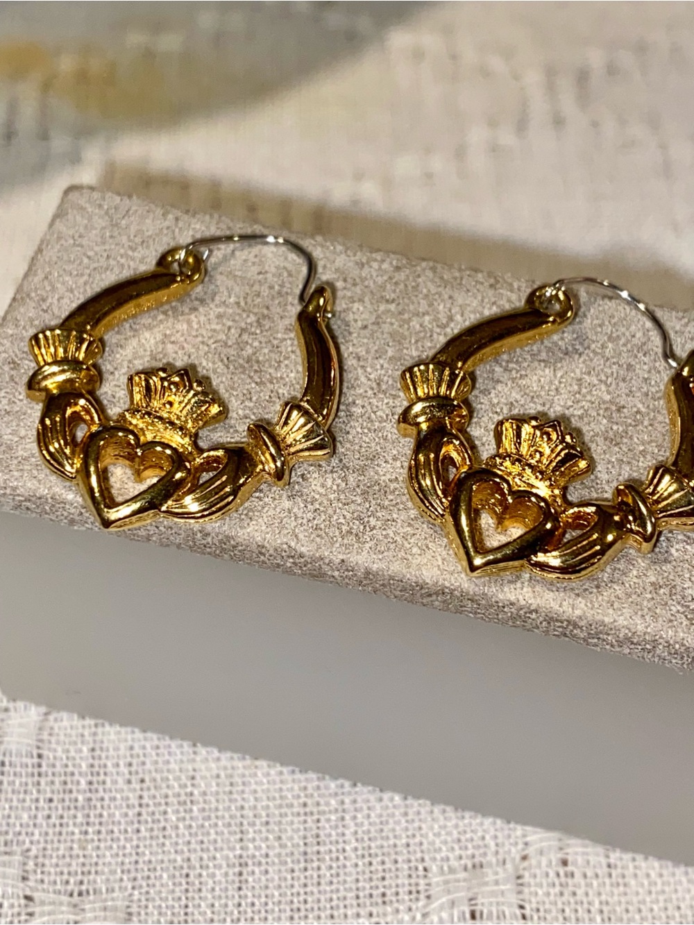 Claddagh Earrings Hoops Gold Tone Hands Heart and Crown Design